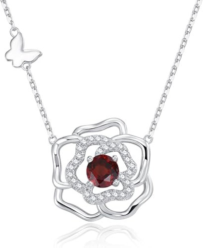 Leva Jewkis Sterling Silber Januar Geburtsstein Halskette Erstellt Granat Halskette Camellia Schmuck Rose Schmuck Geschenke für Ihre Frauen Mädchen, 18+2 Zoll