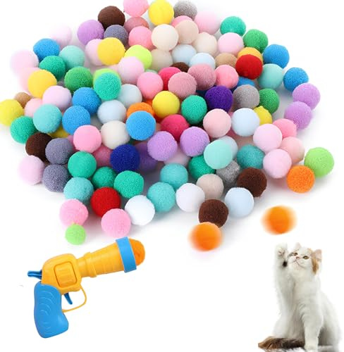 Cosswe Cat Ball Launcher, Soft pom pom Balls for Pet Chasing Training Soft Balls Cat Fetch Toys Interactive Cat Ball Launcher with 100pcs cat balls