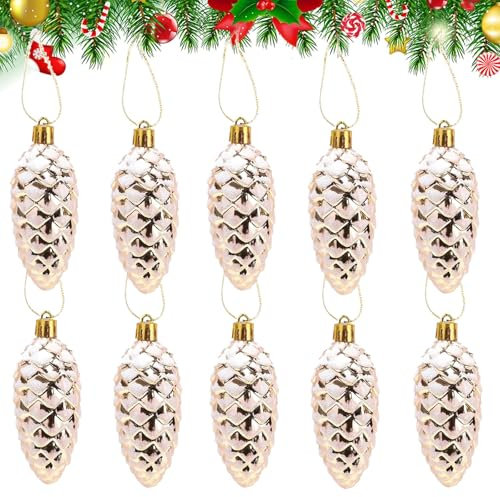 Auirshiky 10 Pcs Christbaumanhänger, Weihnachtsbaum-Dekoration, Zapfen Kunststoff, Weihnachten Anhänger Baumschmuck, Christbaumschmuck Kunststoff, Glitzer Christbaumanhänger (Champagnerfarbe)