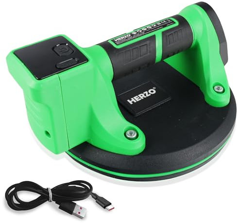 HERZO Akku Saugheber für Fliesen,Glas, Marmor，LCD-Display, 2000 mAh Batterie, Akku Saugheber Tragkraft Max 180KG, Fliesenheber Glassauger für Glas,Fliesen,Marmor