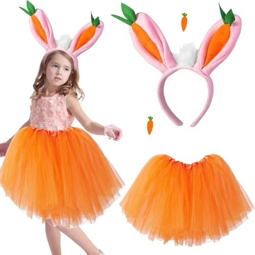 QWEPU 2 Piezas Conjunto de disfraz de conejito, Diadema de orejas de conejo, tutú rosa con lazo de cola de orejas de conejo, para Cosplay Traje de Conejo Accesorio