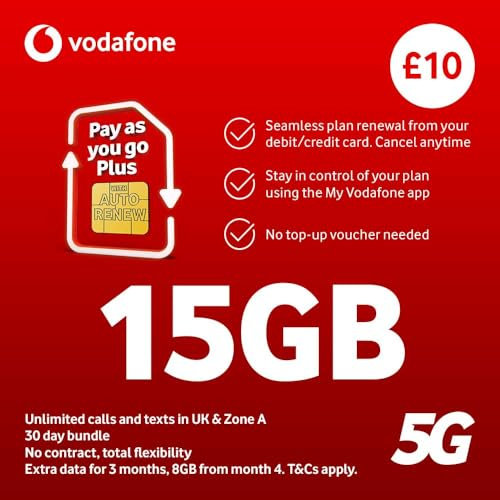 Vodafone Pay As You Go Plus SIM Card - 15GB 5G Data, Unlimited UK Calls & Texts for 30 Days