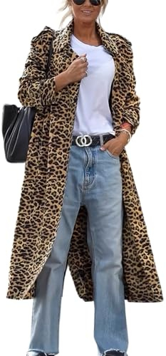 Juankrynord Trench-coat à la mode pour femmes ample imprimé mi-long sexy élégant rétro imprimé léopard manteau long veste