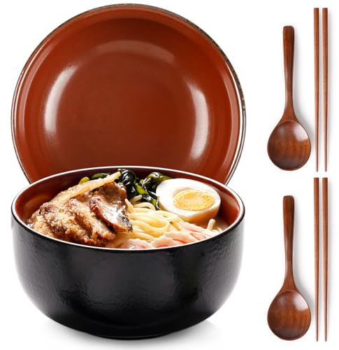 NUTRIUPS Keramik-Ramenschüssel-Set, 2 Stück, 1200 ml, japanische Retro-Ramenschalen mit Essstäbchen und Löffeln, Porzellan-Nudelschale (Fiery Red)
