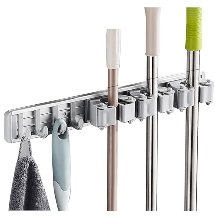 Zerodis Bolsa de Escobas, Soporte de Tormenta de Montaje de Goma de Aluminio Espacial con Ganchos de Mapas de Herramientas de Almacenamiento de Mapas y Escobas para el Sótano de Jardín de (4 ganchos)