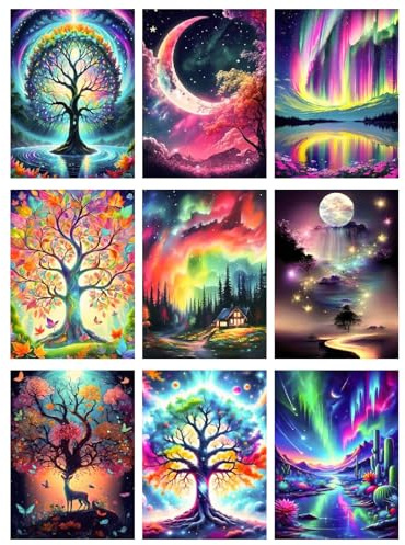GJSZZO 9 Pack Diamond Painting Kits for Adults, Nature Landscape Diamond Art Kits for Beginners, 5D DIY Full Drill Tree of Life Aurora Moon Gem Arts Kits for Home Wall Decor Gifts 12x16Inch