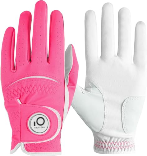 FINGER TEN Golf Gloves Men with Ball Marker | Left Right Hand，PU Leather Soft Durable Grip, Bright Multicolor Options, Breathable Flexible Comfortable Fit