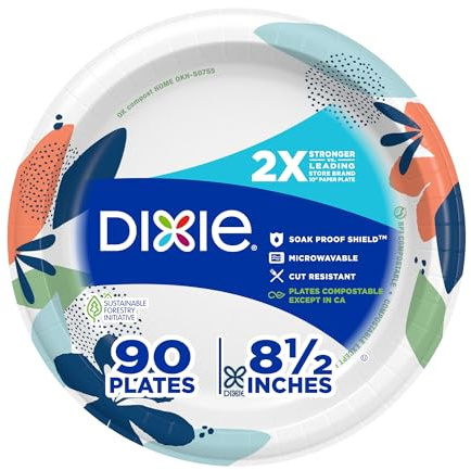 Dixie Medium Paper Plates, 8.5 Inch, 90 Count, 2X Stronger*, Microwave-Safe, Soak-Proof, Cut Resistant, Disposable Plates For Everyday Breakfast, Lunch, & Dinner Meals
