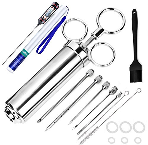Witasm 60ml Marinierspritze Edelstahl, Bratenspritze Fleischspritze 1 Marinierpinsel 5 Nadeln 1 Kochthermometer 2 Reinigungsbürste, Upgrade Gewürzspritze für BBQ Fleisch Rind Huhn Gebäck