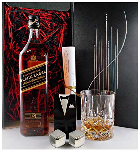 Johnnie Walker 12 Jahre Black Label Blended scotch Whisky + Whiskey Glas + 2 Whiskey Kühlsteine im Geschenk Karton Männergeschenke Genießer Set