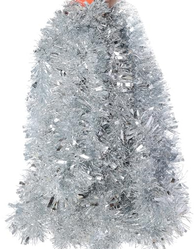 32.8 Feet Silver Tinsel Garland, Chunky Metallic Shiny Christmas Tree Hanging Decorations for Xmas Holiday Indoor Outdoor Party Decor