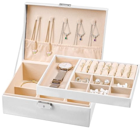 CHARMDI Jewellery Box Organiser, 2-Layer Women Girls Jewellery Boxes Lockable, Travel Jewelry Storage Case Box for Girls, PU Leather, for Necklaces Earrings Rings Watches - White