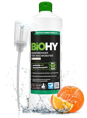 BiOHY Bodenreiniger für alle Wischroboter mit Orangenduft (1l Flasche) + Dosierer | Schaumarm & Streifenfrei | Reinigungsmittel Konzentrat für alle Böden