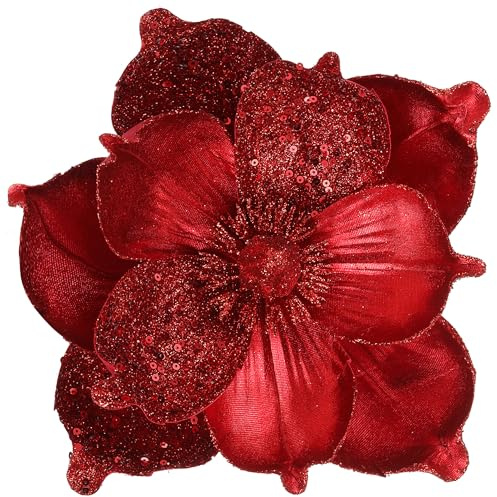 GL-Turelifes 25 cm stora glitter julblommor 6 st konstgjorda magnolia blomprydnader vikta blommor för julgransdekorationer julgran nyårsfest bröllop bordsuppsats (röd)