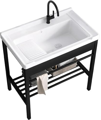 Freistehende Spülbecken für eine Waschküche, Waschbecken mit Waschbrettset, mit Halterung für Warm- und Kaltwasserhähne und Abflussset, Garage, Keller, Außen- und Innenbereich,71x48x83cm