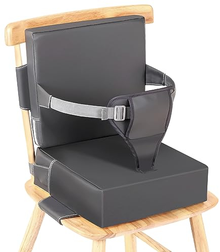 Czrrzl SitzerhöHung Stuhl Kind PU Wasserdicht Stuhlerhöhung Kinder mit Rückenlehne und Verstellbaren Sitzgurten Rutschfester Boden Tragbar Hause Kinder Sitzerhöhung Stuhl für Zuhause Unterwegs(Grau）