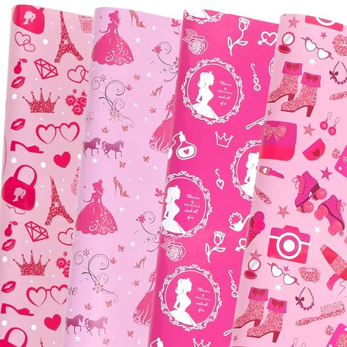 8 Sheets Girl Princess Wrapping Paper,Hot Pink,4 Design,50x70cm | Pink Gift Paper for Girl Birthday,Back to School,Christmas,Craft Gift DIY Decor