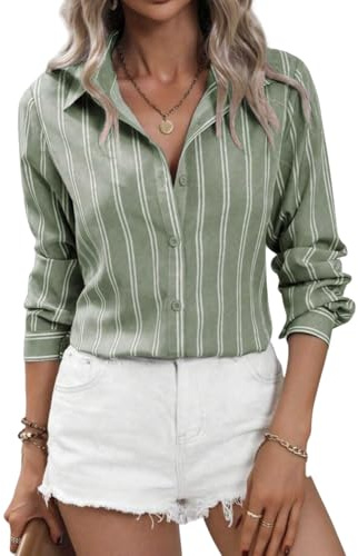 MINTLIMIT Womens Button Down Shirts Striped Classic Long Sleeve Collared Office Work Blouses Tops Olive Green