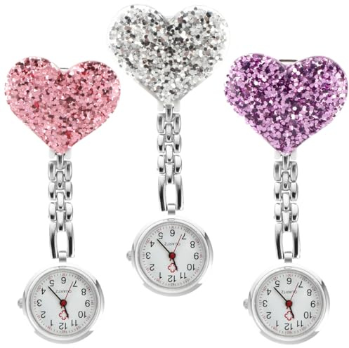 Veemoon Lot De 3 Montres Infirmière À Accrocher Montre Infirmière Quartz en Forme De Cœur Clip pour Blouse Cadeau pour Soignants Et Étudiants Accessoire De Travail Léger
