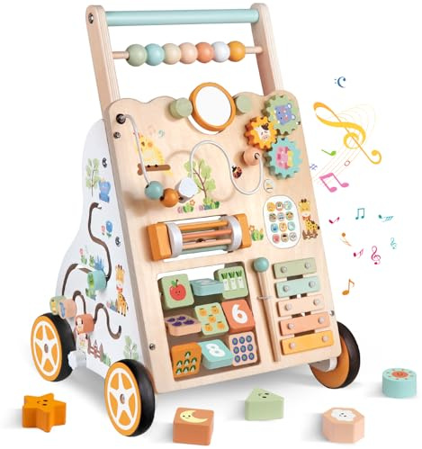 Baby Holz Lauflernwagen mit Rädern – Montessori Lauflernspielzeug für Mädchen & Jungen ab 1 Jahr – Schiebewagen mit Aktivitätscenter, Verstellbarer Geschwindigkeit & Höhe – ab 12