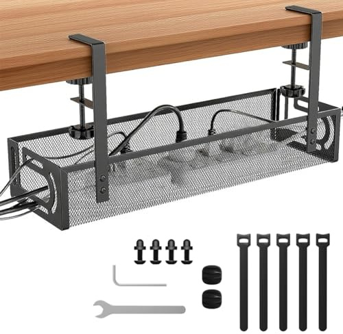 Kabelhantering under skrivbordet utan borrning, metallkabelbricka med klämma, kabelhållare och arrangör för kontor & hemmakontor, kabelkanal flexibel, kabeldragning skrivbordstillbehör, kabelränna