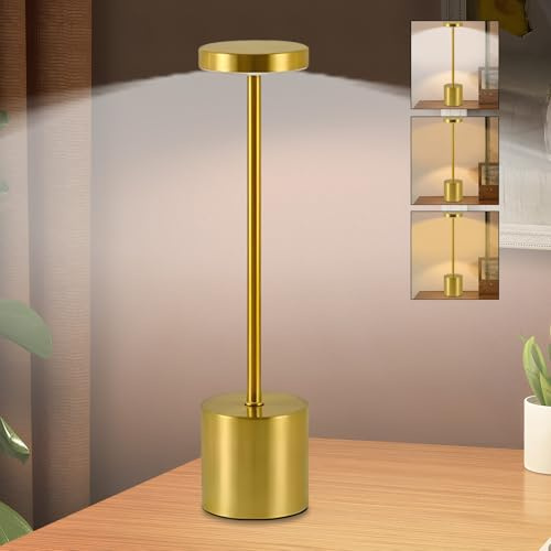 KZARYVEXIS Lampe LED Sans Fil Tactile Rechargeable,Température Tricolore Luminosité Réglable, pour Tables de Chevet, Salle à Manger, Extérieur (Or)