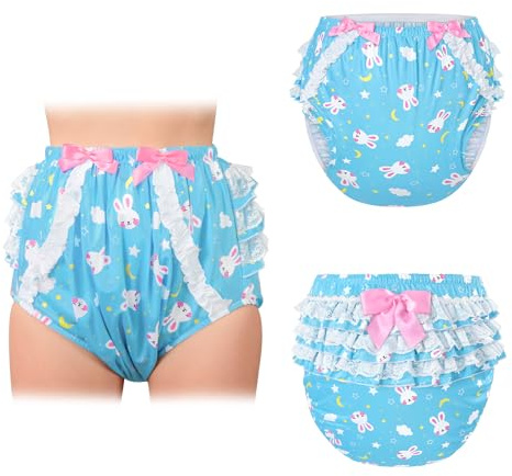 LittleForBig Silky Washable Reusable Waterproof Ruffled Lace Bow Snuggle Bunny Pattern Ruffle Adult Diaper Cover Blue M