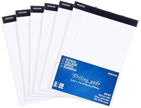 Mintra Office White Legal Pads – Ruled Notepads and Micro-Perforated Sheets, Ideal for Writing, Note-Taking & Creativity, Office, or Professional Use, Basic Pad 6 pack, 8.5x11 (Narrow Ruled)