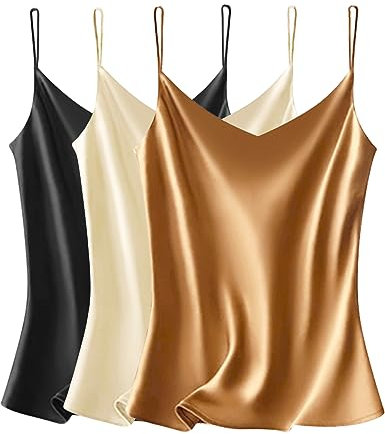VIDUSSA Damen Satin Cami Tank Top Basic Shirt V-Ausschnitt Ämellose Blusen Seidentop Oberteile 3er Pack Schwarz+Champagner+Khaki M