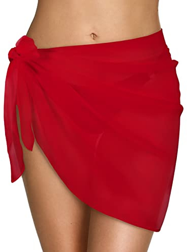 Xnova Pareo Mare Donna Elegante Copricostume Corto, Prendisole Chiffon Spiaggia Wrap Sarong Coprire Caftano, Gonna Avvolgenti Costume da Bagno Bikini Cover Up(Confezione da 1 - Rosso