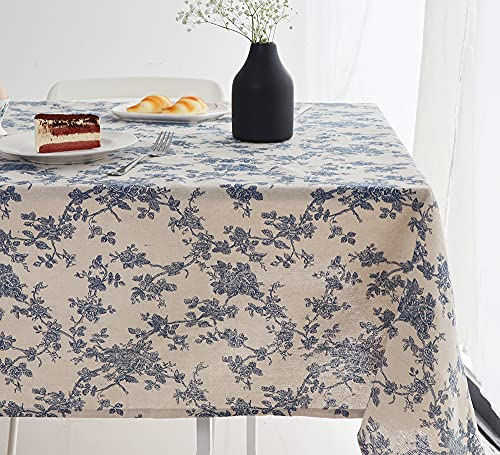 Wracra Blue Floral Pastoral Table Cloth Cotton Linen Vintage 140×300cm Rectangular Tablecloth Indoor Outdoor Table Cover Suitable for Party,Picnic,Dining,Garden(Blue Floral, 140×300cm)
