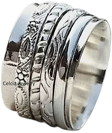 Anillo giratorio de meditación de plata de ley 925 para mujeres y hombres, delicado anillo giratorio con banda para el pulgar (talla 7 de EE. UU.)