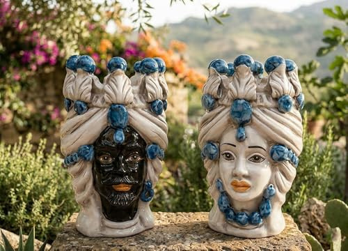 Generico Coppia teste di moro Caltagirone blu in ceramica siciliana vaso grande H 20 cm