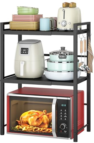 DOLALIKE Microwave Oven Rack, Expandable Microwave Stand Countertop Kitchen Utensils Tableware Storage, Carbon Steel Over Microwave Shelf Countertop with 3 Hooks