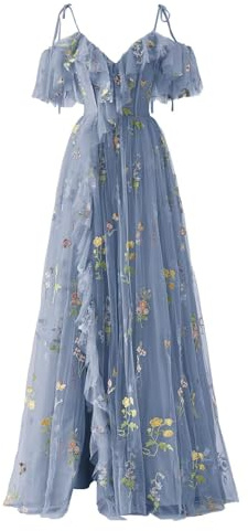 Basgute Vestido de tul con bordado de flores para mujer, corsé largo con tirantes delgados, vestido de fiesta formal de noche, Cuello en V, abertura azul polvoriento, 46
