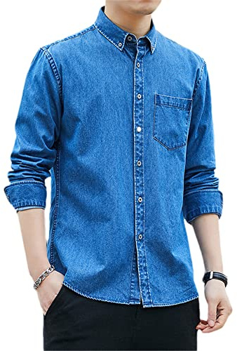 Vsadsau Klassisk jeansskjorta för män, ledig långärmad kavaj, jeansblusar, vintage skjorta, toppar, C2009 Ljusblå, XL