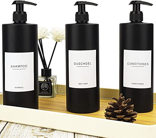 3 Stück 500ml Matte Schwarz Kunststoff Seifenspender Pumpspender für Flüssigseife mit 22 Aufkleber