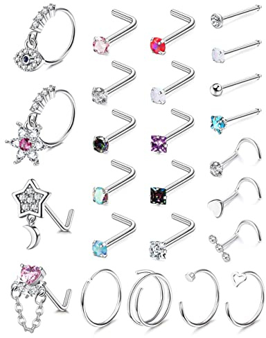 KALVICA 20 g näspiercing, pinne för kvinnor och män, kirurgiskt stål, näspiercing med zirkon, L-form, näsplugg, piercing, tragus, läpppiercing, labret, kontakt, dagis, piercingar, smycken