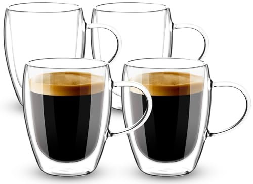 Esilihom Paquete de 4 vasos de café de doble pared, 350 ml, vasos de capuchino y latte macchiato con asa, resistentes al calor, vasos de borosilicato para café, té, leche, jugo, helado