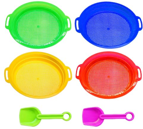 Abiemuce 4PCS Tamis à Sable de Plage, Tamis à Sable pour Enfants avec 2 Pelles, Petit Tamis à Sable pour Enfants, Tamis à Sable Fin Coloré pour Jardin, Parc, Plage, pour Plages pour Garçons et Filles