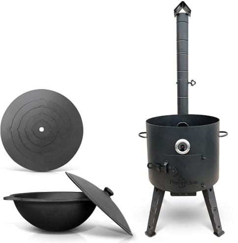 Termómetro para horno de 44 cm de diámetro, 5 anillas, 48 cm, hierro fundido, tapa redonda de 46,5 cm de diámetro, 16 L (set – 514)
