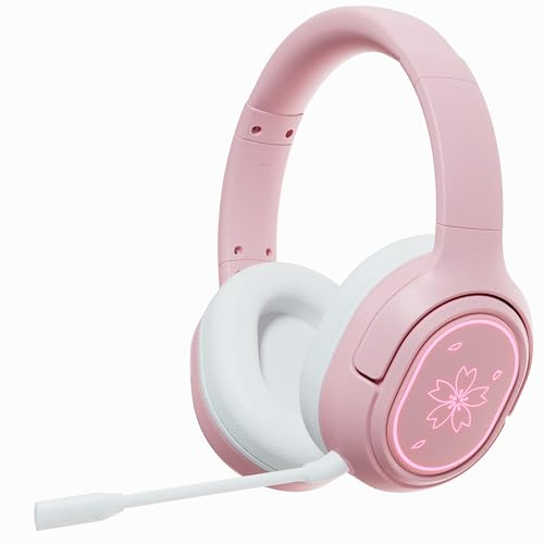 Mytrix Sakura Casque de jeu sans fil pour PC, PS4, PS5, Mac, Switch, son surround, pilote de 50 mm, casque de jeu Bluetooth 2,4 GHz pour Xbox Rose