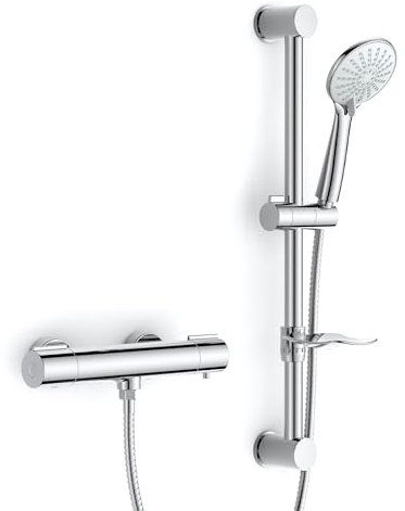 FORIOUS Colonne de Douche Thermostatique, Design Cool Touch, Barre de Douche en Acier Inoxydable 60 cm avec Support Réglable, 3 Jets, Verrouillage de Sécurité à 38 °C, Économie d’Eau, Finition Chrome