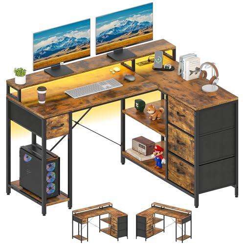 YITAHOME L Shaped Computer Desk with Drawers Power Outlet 140cm Brown | Reversible corner desk, USB ports, monitor stand, 4 drawers, shelves, CPU stand, iron frame, adjustable feet, home office