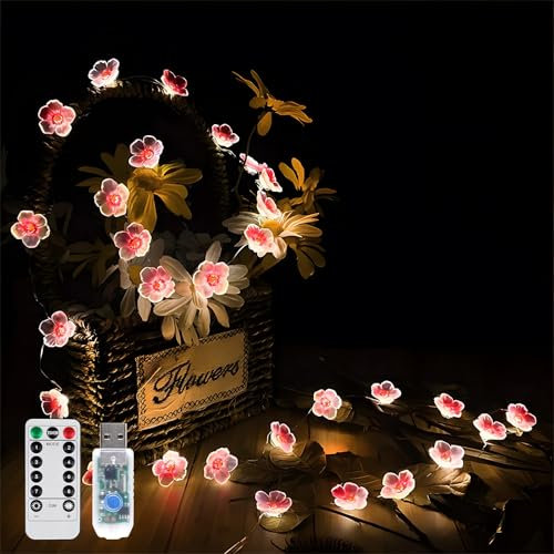 Cherry Blossom Fairy Lights, 13ft 40 LED Flower String Lights USB Powered with Remote, Pink Indoor Outdoor Fairy Lights for Bedroom, Wedding, Garden, Party Decor
