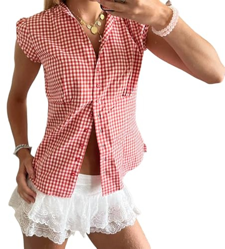 Womens Button Up Shirt Short Sleeve Y2k Cute Slim Fit Going Out Summer Preppy Clothes Gingham Plaid Shirts Blouse Vintage Aesthetic Fairy Flattering Teen Girls Coquette Crop Tops (Cute Red, L)