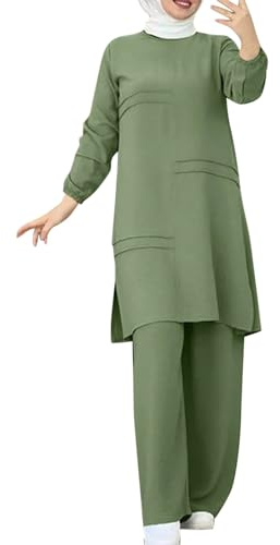 Generisch Ensemble de 2 pièces pour femmes musulmanes avec dos au mur, chemise à manches longues boutonnée et pantalon, Abaya, robe de loisirs, tenue de Dubaï avec voile de mariée et perles, vert, M