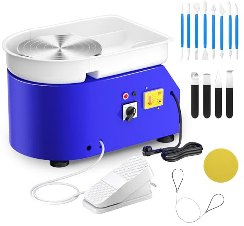 Electric Pottery Wheel, 350W & 25CM Aluminum Turntable Pottery Wheel with Removable ABS Basin, Foot Pedal and Shaping Tools, Pottery Wheel Forming Machine for DIY and Pottery Studio (Blue)