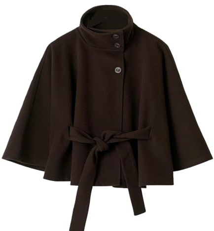 Poncho pour femme avec manches chauve-souris, manteau en forme de pois, en laine, col montant, ceinture, capes, veste, élégant manteau à boutonnage simple, café, S