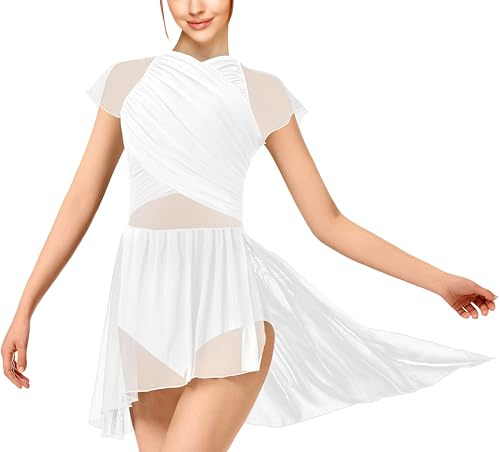 DANSHOW Women Lyrical Modern Dance Dress Contemporary Dance Costume Asymmetric High-Low Mesh Skirted,Mock Neck Lace Dancewear